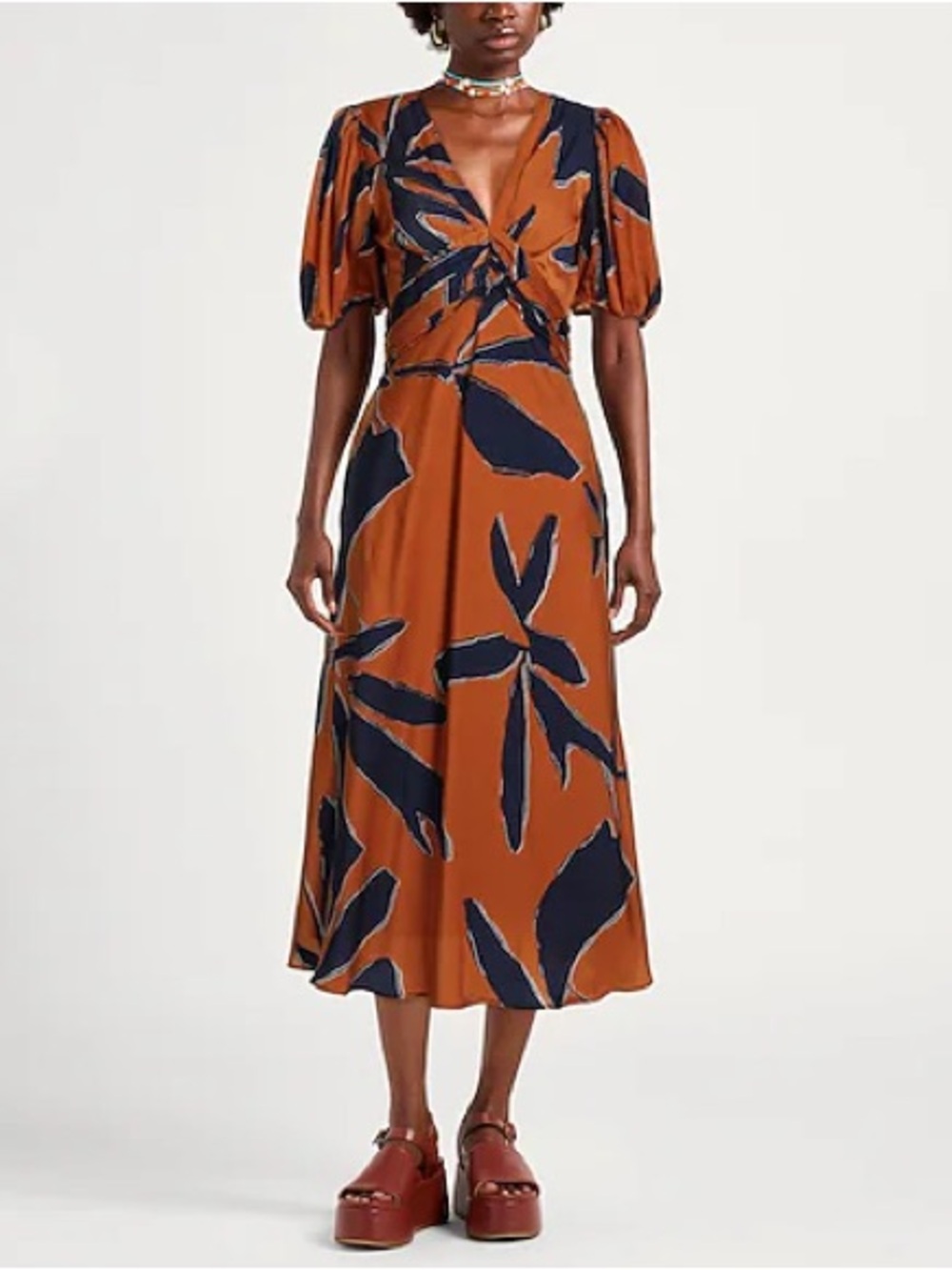 Ba&sh Klap Orange & Navy Midi Dress